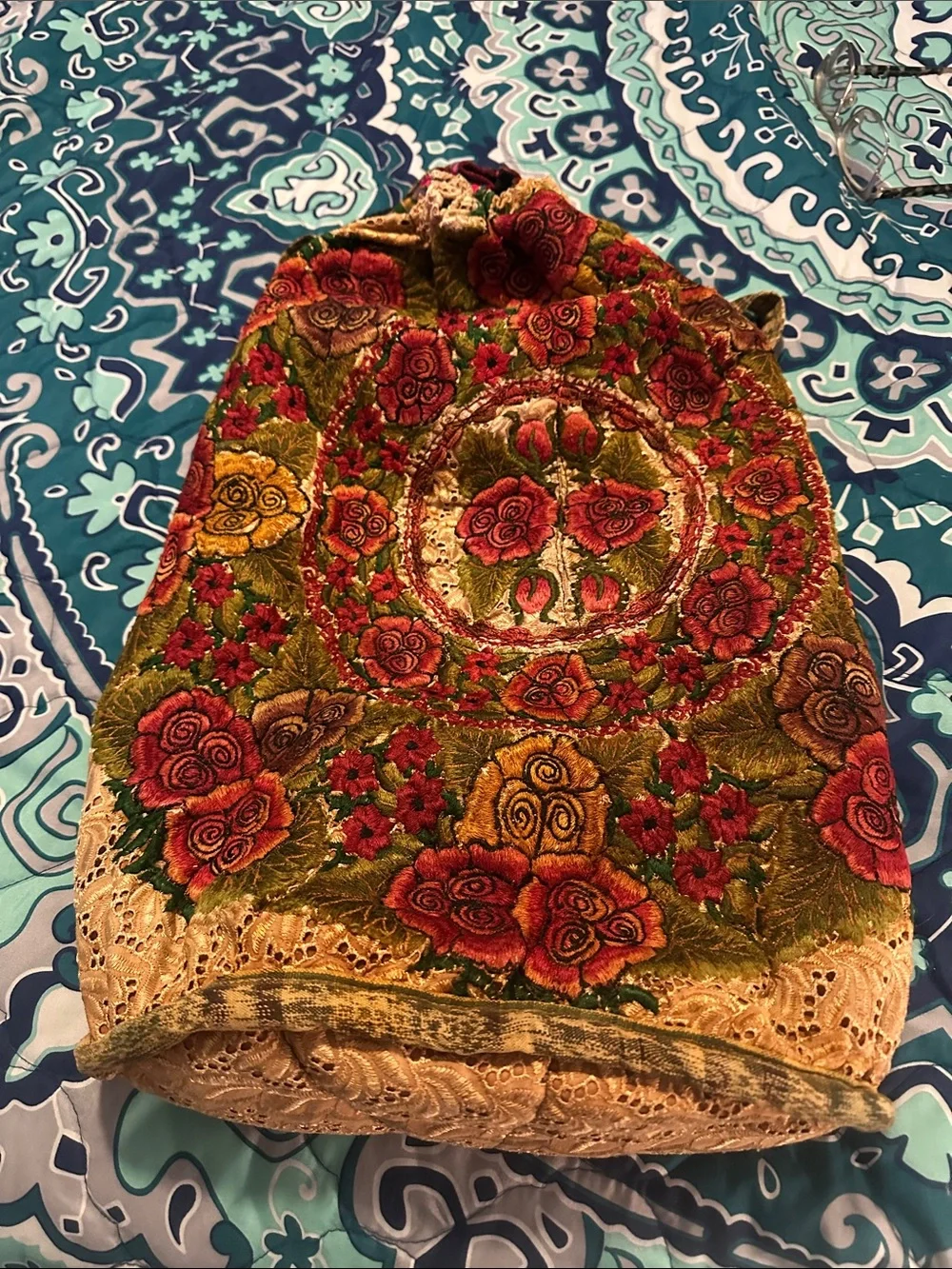 Vintage Floral Banjara Embroidered Drawstring Art Backpack